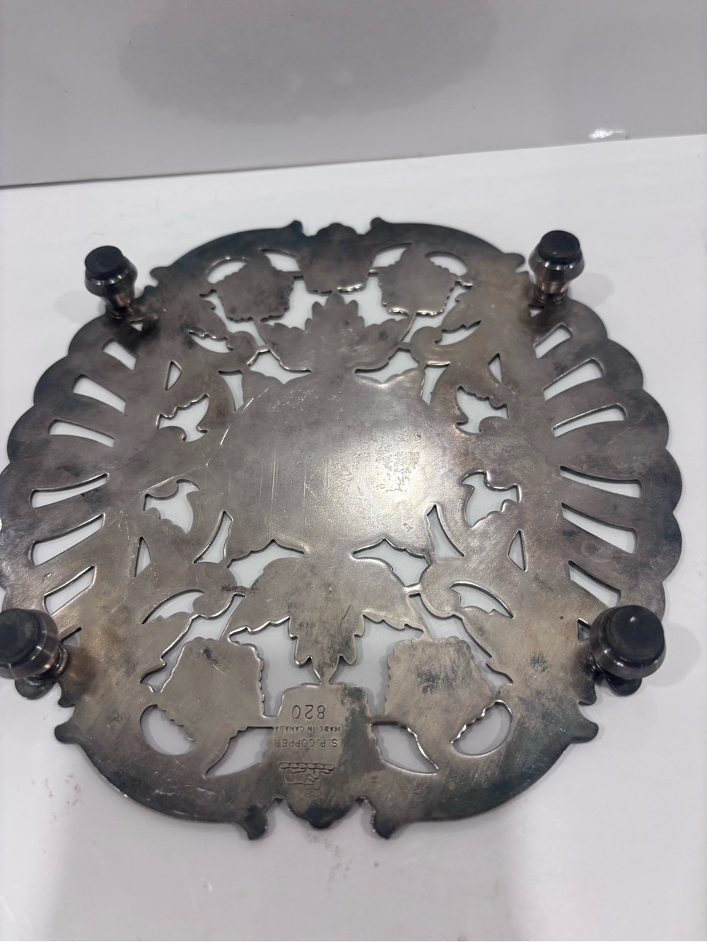 Vintage s.p. Copper Canada silver plated ornate pierced trivet hot plate #820 - Picture 2 of 5